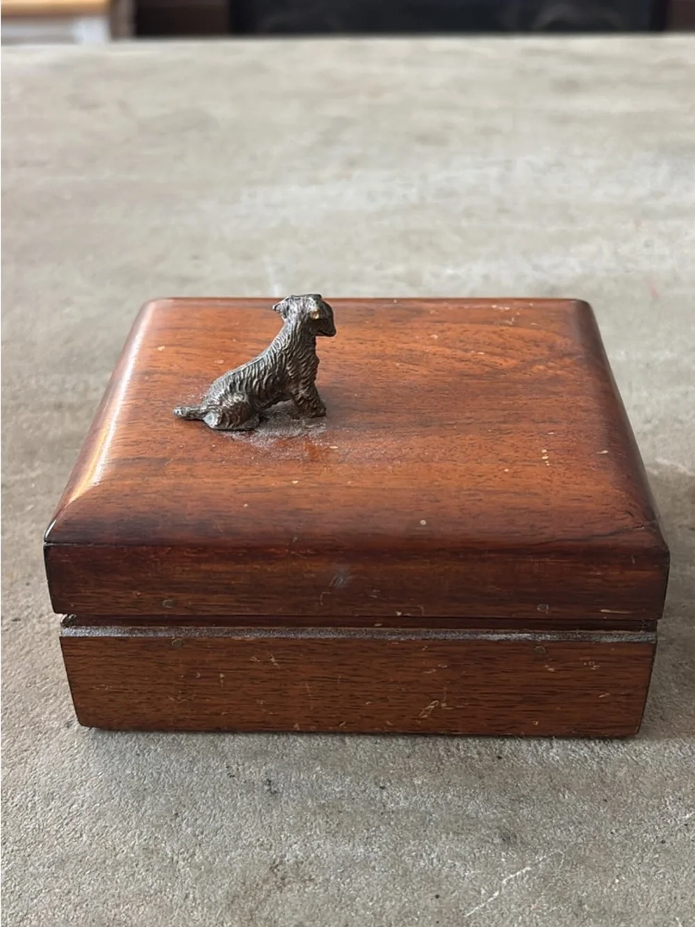 Vintage Wooden Trinket Box with Metal Scottie Dog Figurine